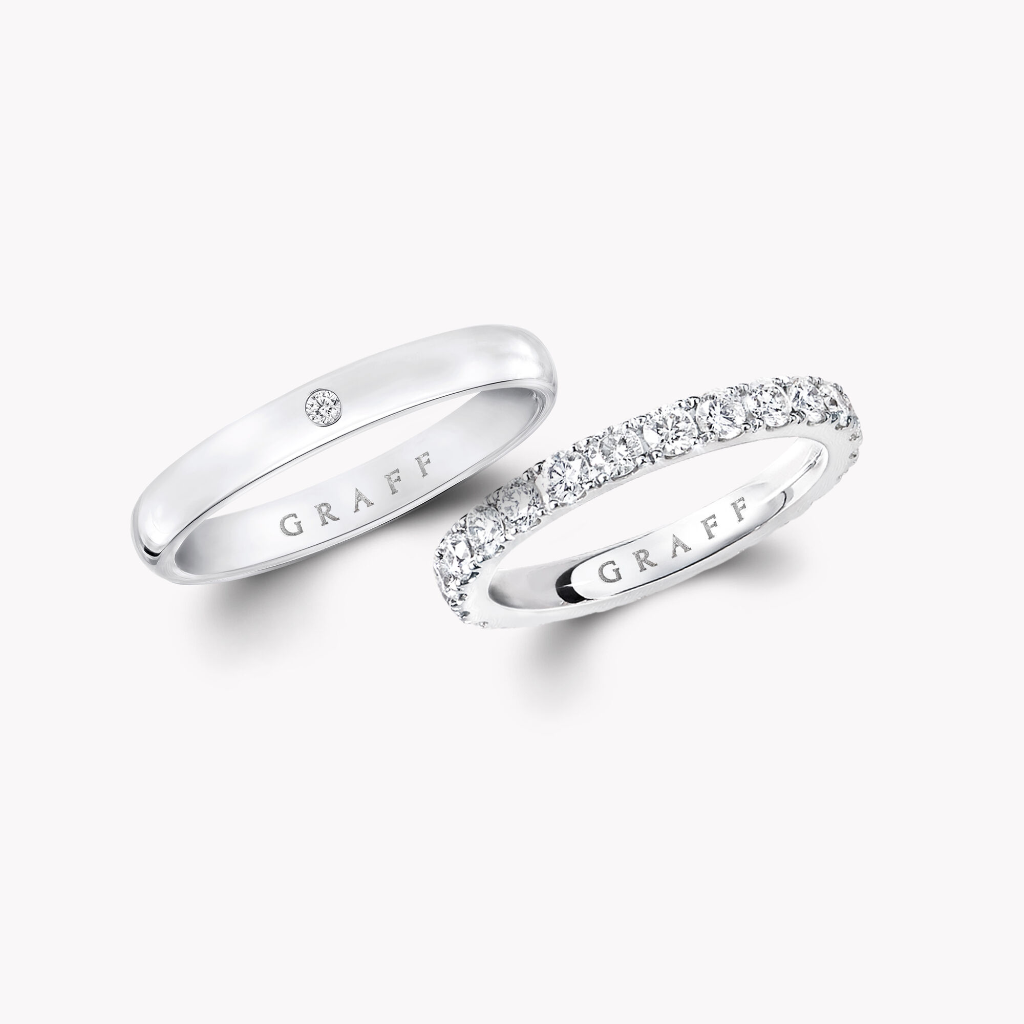 D Shape and Round Diamond Wedding Band Set, Platinum - Graff